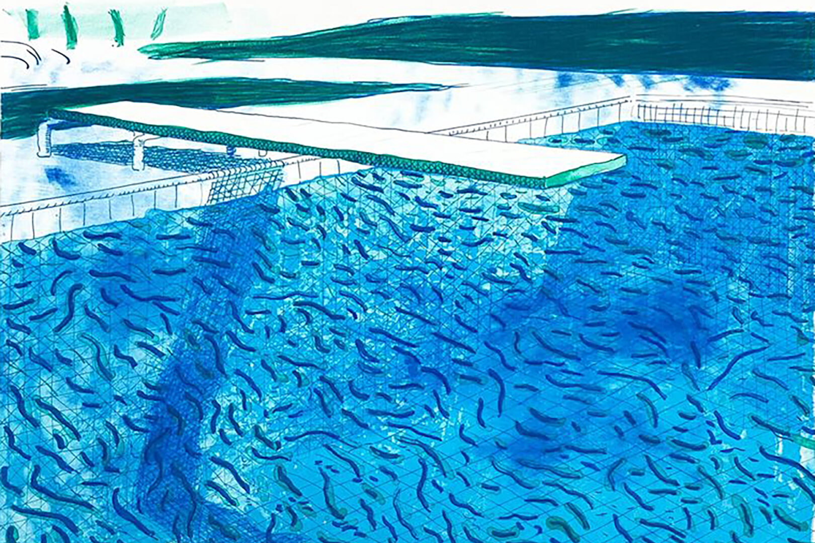 David Hockney - Lithograph of Water Made of Thick and Thin Lines, A Green Wash, A Light Blue Wash, and A Dark Blue Wash